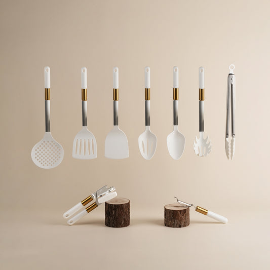 Elegant 9 Pcs White Kitchen Utensil Set with Gold Accent