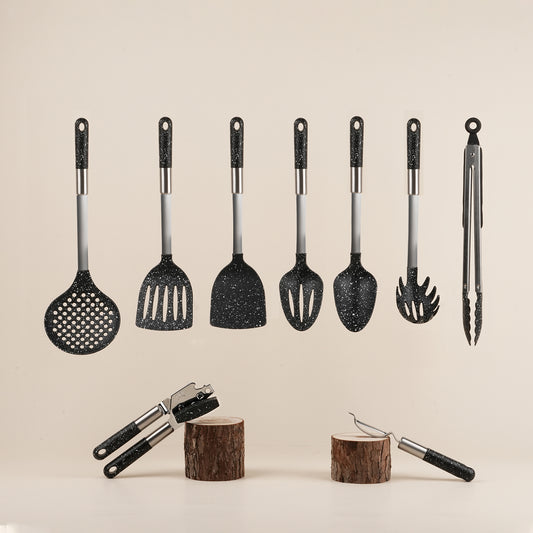 Elegant 9 Pcs Black Kitchen Utensil Set with White Speckles